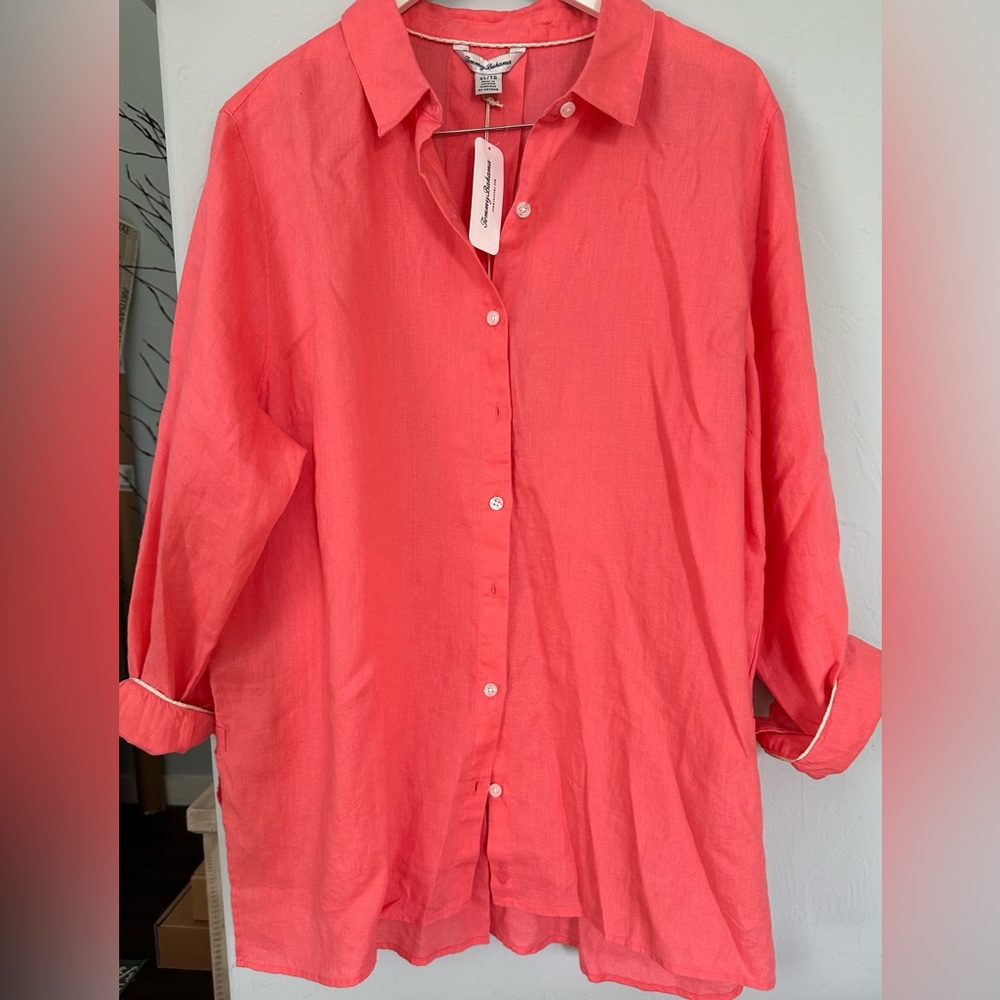 NWT ❤️ Tommy Bahama 100% linen bright coral/pink color SzXL. Button down front …